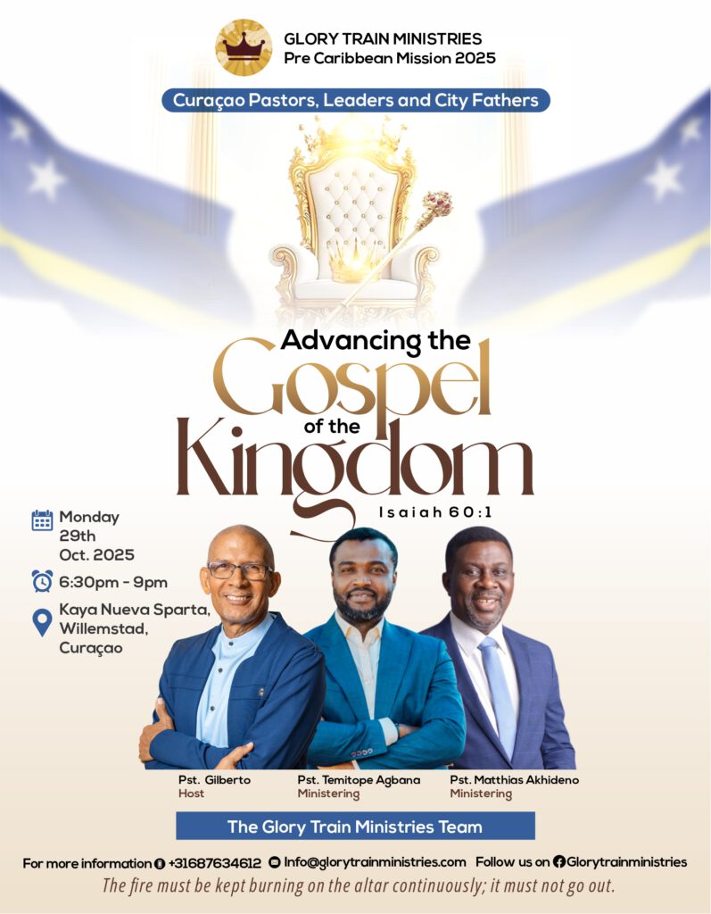 A flyer for Glory Train Ministries South America 2025 meetings held in October 2025 in Kaya Nueva Sparta Willemstad, Curaçao. The theme is 